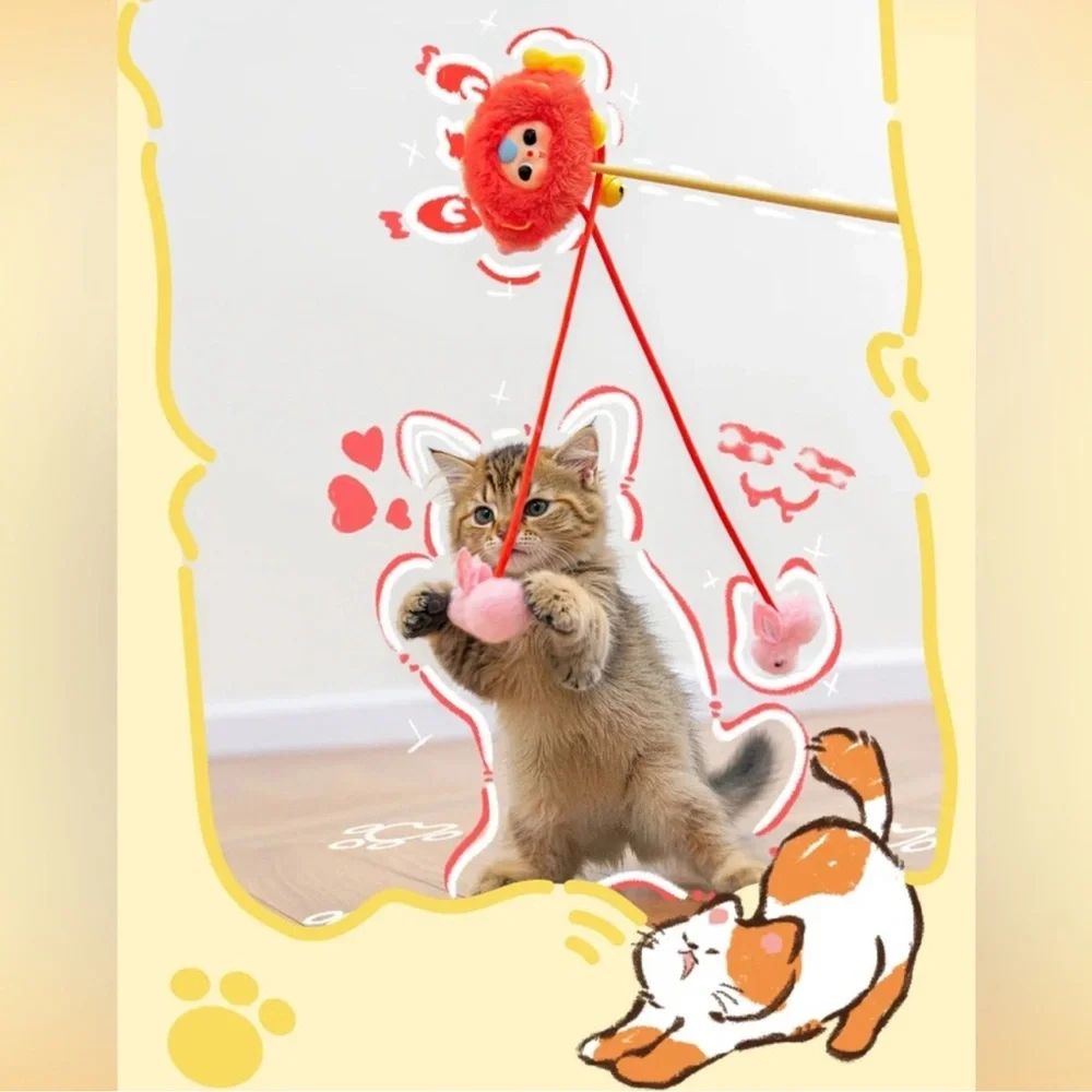 Baby Three Cute Cat Teasing Stick with Cartoon Design NIB sealed BLIND BOX